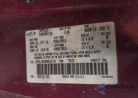 1994 Dodge Dakota z USA, uszkodzony, nr VIN 1B7GL23X3RS612110